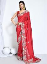 Crepe Silk Red Wedding Wear Embroidery Work Saree
